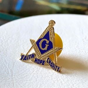 Masonic LAPEL PIN G Faith Hope Charity gold tone metal & blue ceramic